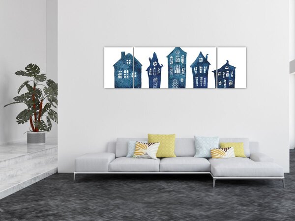 Obraz - Niebieskie domy akwarelowe (170x50 cm)