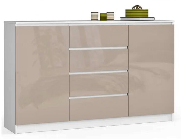 Długa komoda do biura z szufladami i półkami biały + cappuccino połysk - Gambi 4X