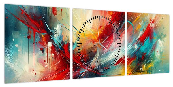 Obraz – Abstrakcja z czerwienią (z zegarem) (90x30 cm)
