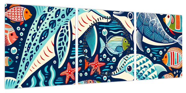 Obraz – Rysowane zwierzęta wodne (z zegarem) (90x30 cm)