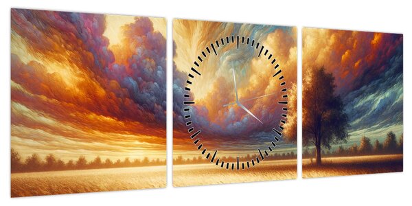 Obraz – Drzewo na polu (z zegarem) (90x30 cm)