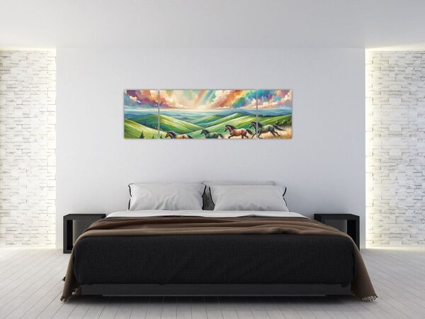Obraz – Konie galopujące przez krajobraz (170x50 cm)