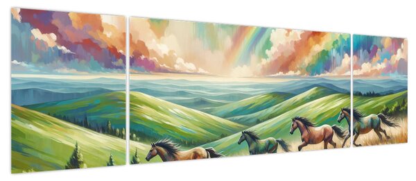 Obraz – Konie galopujące przez krajobraz (170x50 cm)