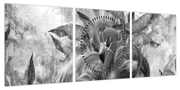 Obraz - Graffiti z flamingami (z zegarem) (90x30 cm)