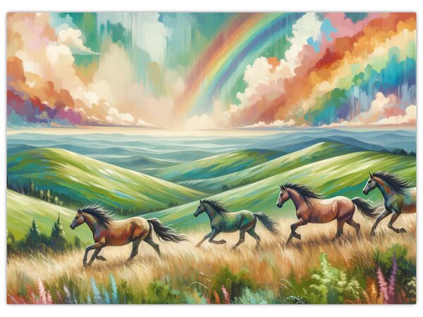 Obraz – Konie galopujące przez krajobraz (70x50 cm)