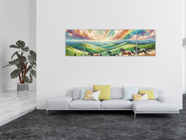 Obraz – Konie galopujące przez krajobraz (170x50 cm)