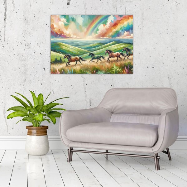 Obraz – Konie galopujące przez krajobraz (70x50 cm)