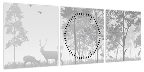 Obraz - Łąka z jeleniami (z zegarem) (90x30 cm)