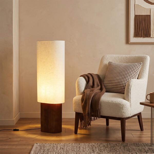 Lampa podłogowa Japandi z drewna orzechowego z abażurem z tkaniny 90cm - Lamel