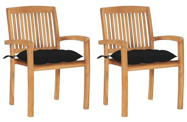 Krzesła ogrodowe, 2 szt., czarne poduszki, lite drewno tekowe