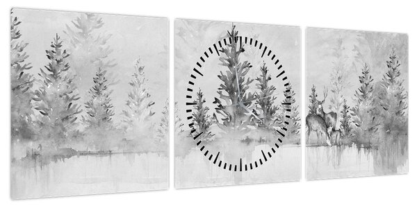 Obraz - Jeleń nad jeziorem (z zegarem) (90x30 cm)