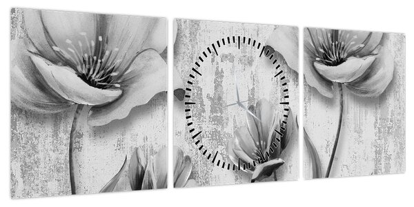 Obraz - Czarno-białe kwiaty na tle (z zegarem) (90x30 cm)