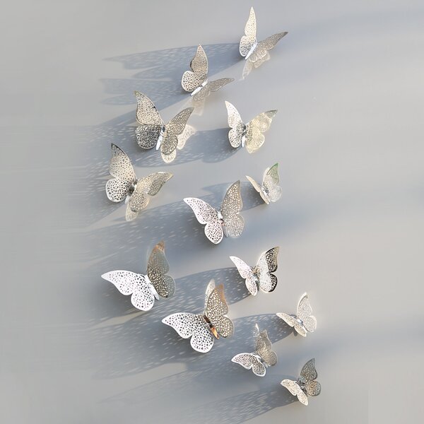 PIPPER | Naklejka na ścianę "Metaliczne motyle - Srebrne" 12 szt 8-12 cm