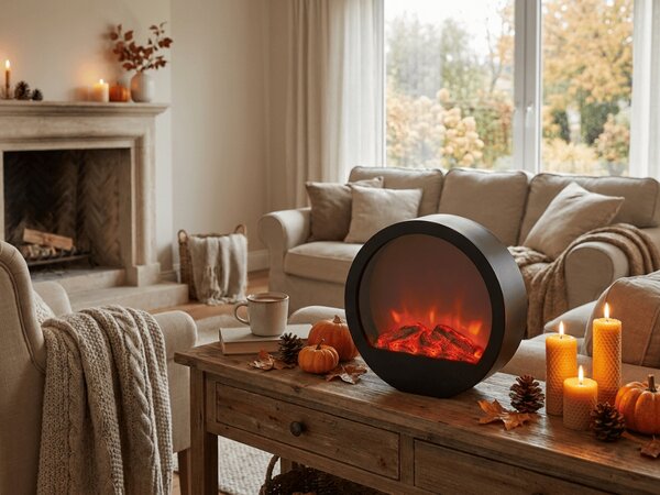 Dekoracja LED okrągły kominek COZY WARM 35x34,5 cm, czarny