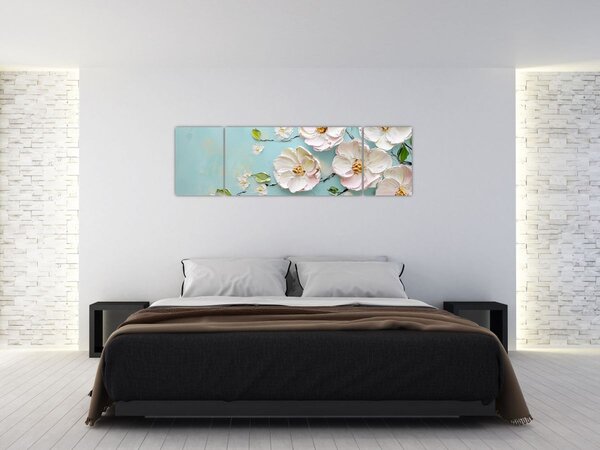 Obraz - Kwiatki na niebieskim tle (170x50 cm)