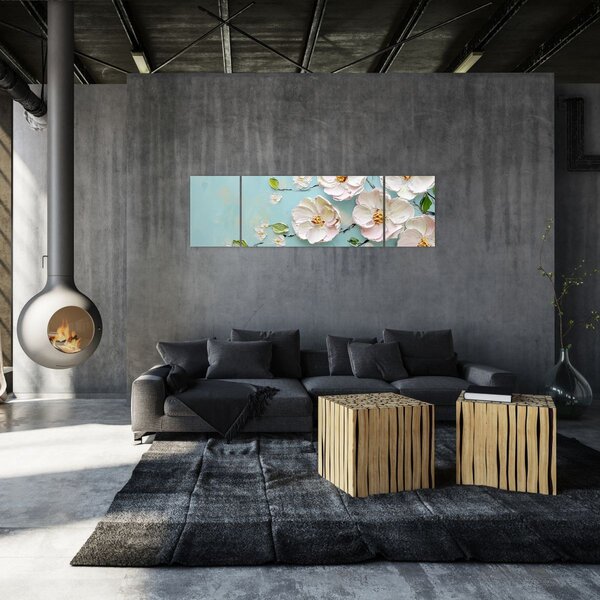 Obraz - Kwiatki na niebieskim tle (170x50 cm)
