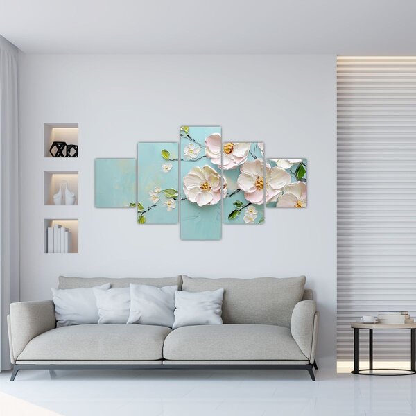 Obraz - Kwiatki na niebieskim tle (125x70 cm)