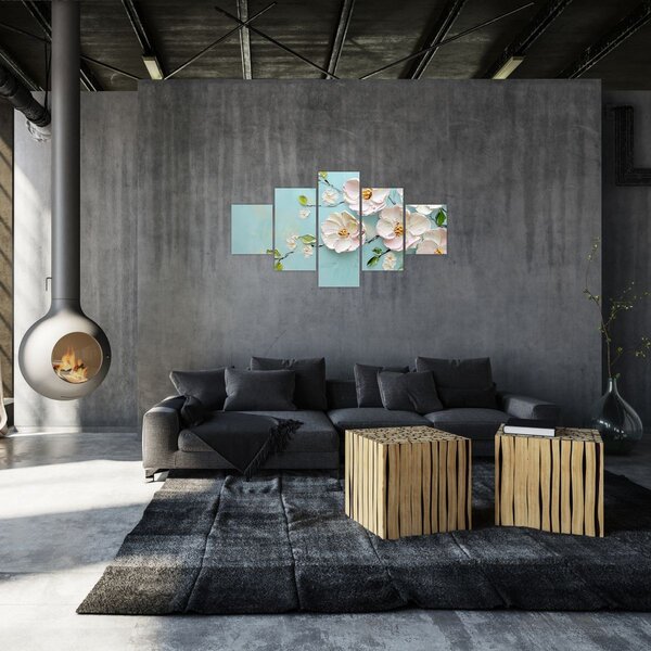 Obraz - Kwiatki na niebieskim tle (125x70 cm)
