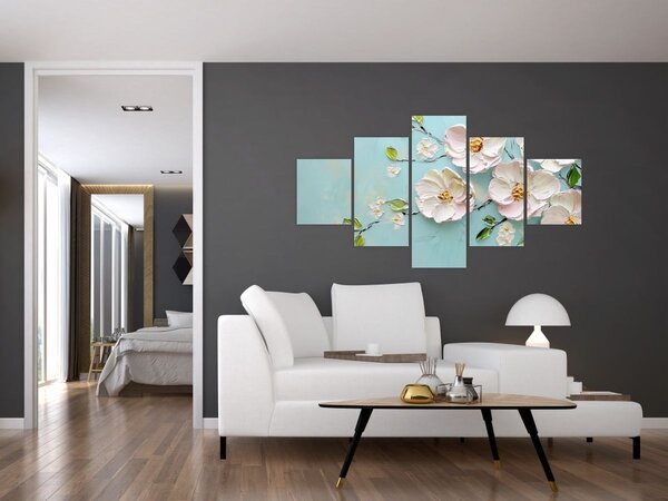 Obraz - Kwiatki na niebieskim tle (125x70 cm)