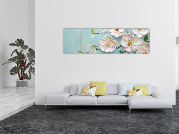 Obraz - Kwiatki na niebieskim tle (170x50 cm)