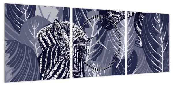Obraz - Niebieskie zebry (z zegarem) (90x30 cm)