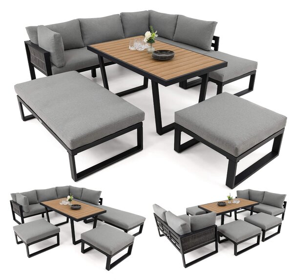 MebleMWM Zestaw mebli ogrodowych SIENA SUPER BIG + Stół Sycylia | Aluminium czarny | Szare poduszki | OUTLET