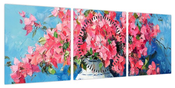 Obraz - Wazon z różowymi kwiatami (z zegarem) (90x30 cm)