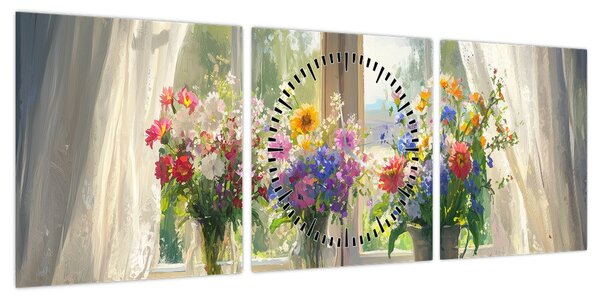 Obraz - Bukiet przy oknie (z zegarem) (90x30 cm)