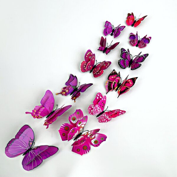 PIPPER | Naklejka na ścianę "Realistyczne plastikowe motyle 3D z podwójnymi skrzydłami - fioletowe" 12szt 6-12 cm