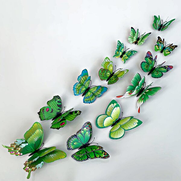 PIPPER | Naklejka na ścianę "Realistyczne plastikowe motyle 3D z podwójnymi skrzydłami - zielone" 12szt 6-12 cm