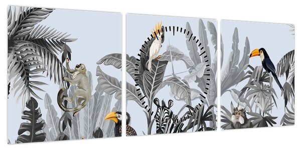 Obraz - Ilustrowana dżungla (z zegarem) (90x30 cm)