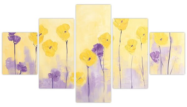 Obraz - Fioletowe i żółte kwiatuszki (125x70 cm)