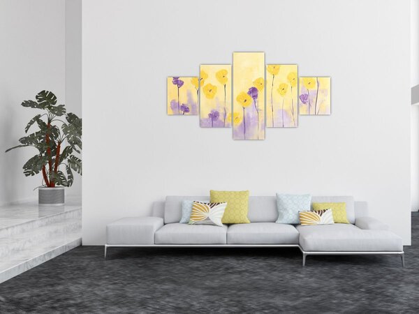 Obraz - Fioletowe i żółte kwiatuszki (125x70 cm)