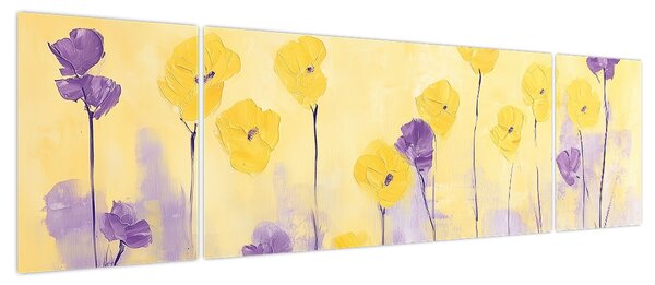Obraz - Fioletowe i żółte kwiatuszki (170x50 cm)