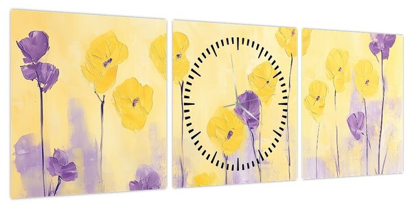 Obraz - Fioletowe i żółte kwiatuszki (z zegarem) (90x30 cm)
