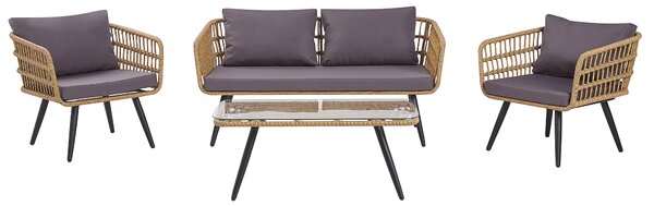 Boho zestaw ogrodowy beżowy rattanowy sofa 2 fotele szare poduszki Fobello Beliani