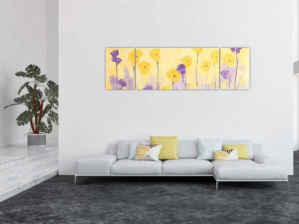 Obraz - Fioletowe i żółte kwiatuszki (170x50 cm)