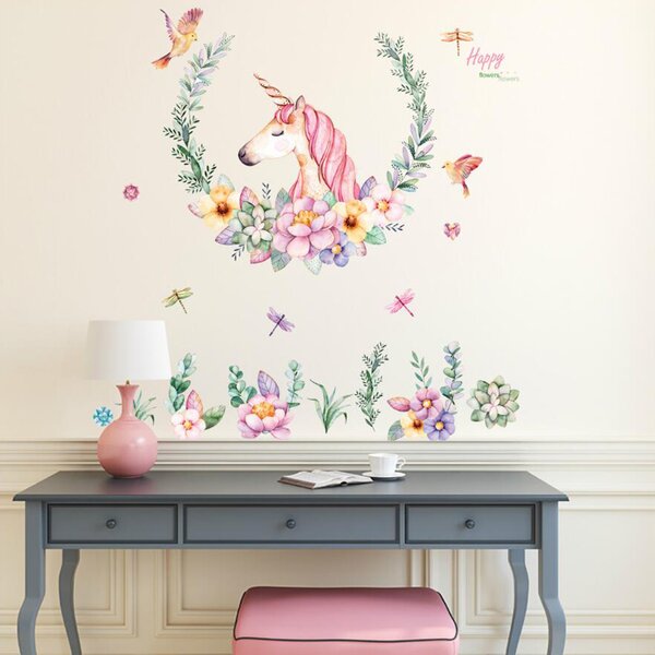 PIPPER | Naklejka na ścianę "Jednorożec z kwiatami" 110x110cm
