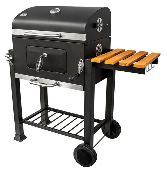 Grill węglowy z żeliwnym rusztem i drewnianą półką 113,5x50x107 cm ogrodowy XXL z pokrywą