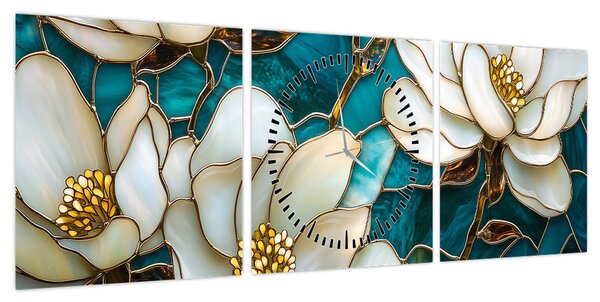 Obraz - Witraż z magnolią (z zegarem) (90x30 cm)