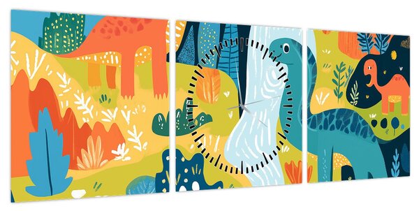 Obraz - Wesołe dinozaury (z zegarem) (90x30 cm)