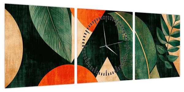 Obraz - Geometryczne motywy naturalne II. (z zegarem) (90x30 cm)