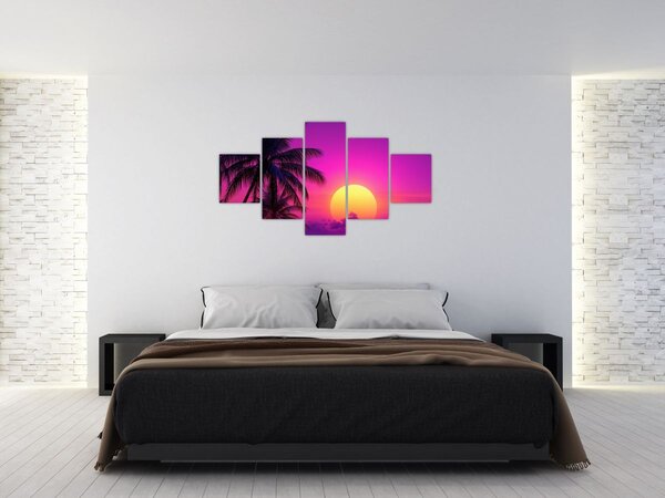 Obraz - Fioletowy zachód słońca z palmą (125x70 cm)