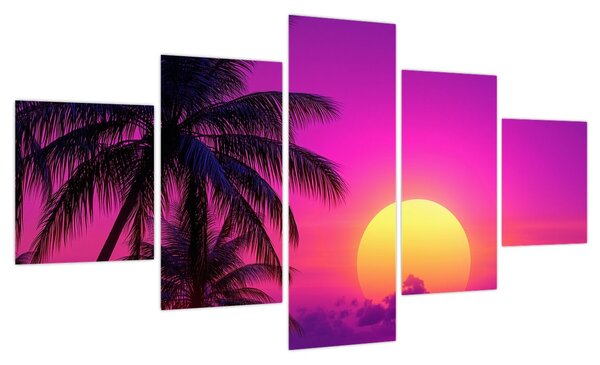 Obraz - Fioletowy zachód słońca z palmą (125x70 cm)