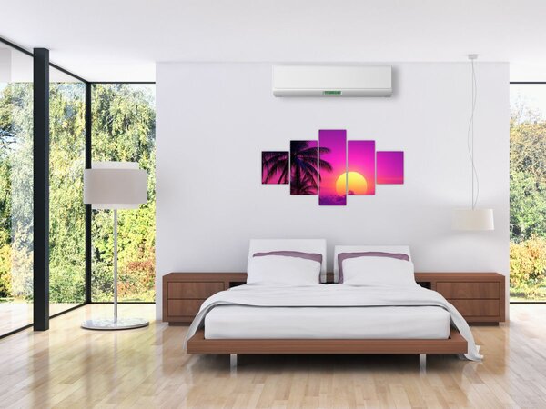 Obraz - Fioletowy zachód słońca z palmą (125x70 cm)