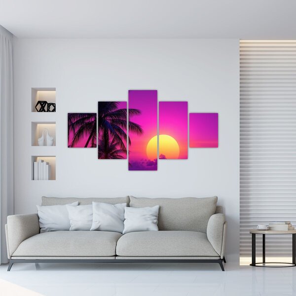 Obraz - Fioletowy zachód słońca z palmą (125x70 cm)