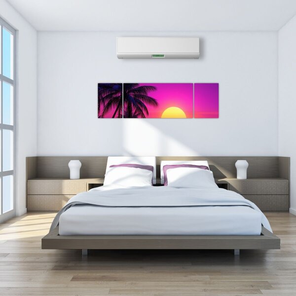 Obraz - Fioletowy zachód słońca z palmą (170x50 cm)