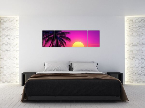 Obraz - Fioletowy zachód słońca z palmą (170x50 cm)