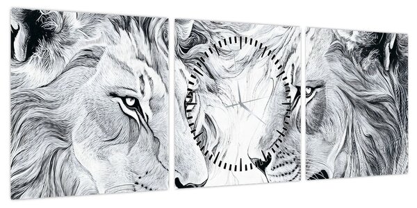 Obraz - Rysowane lwie głowy (z zegarem) (90x30 cm)