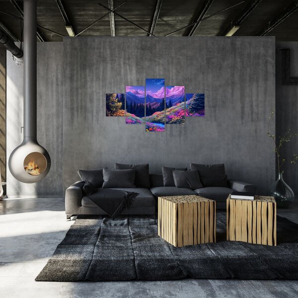 Obraz - Fioletowy krajobraz przy pełni księżyca (125x70 cm)